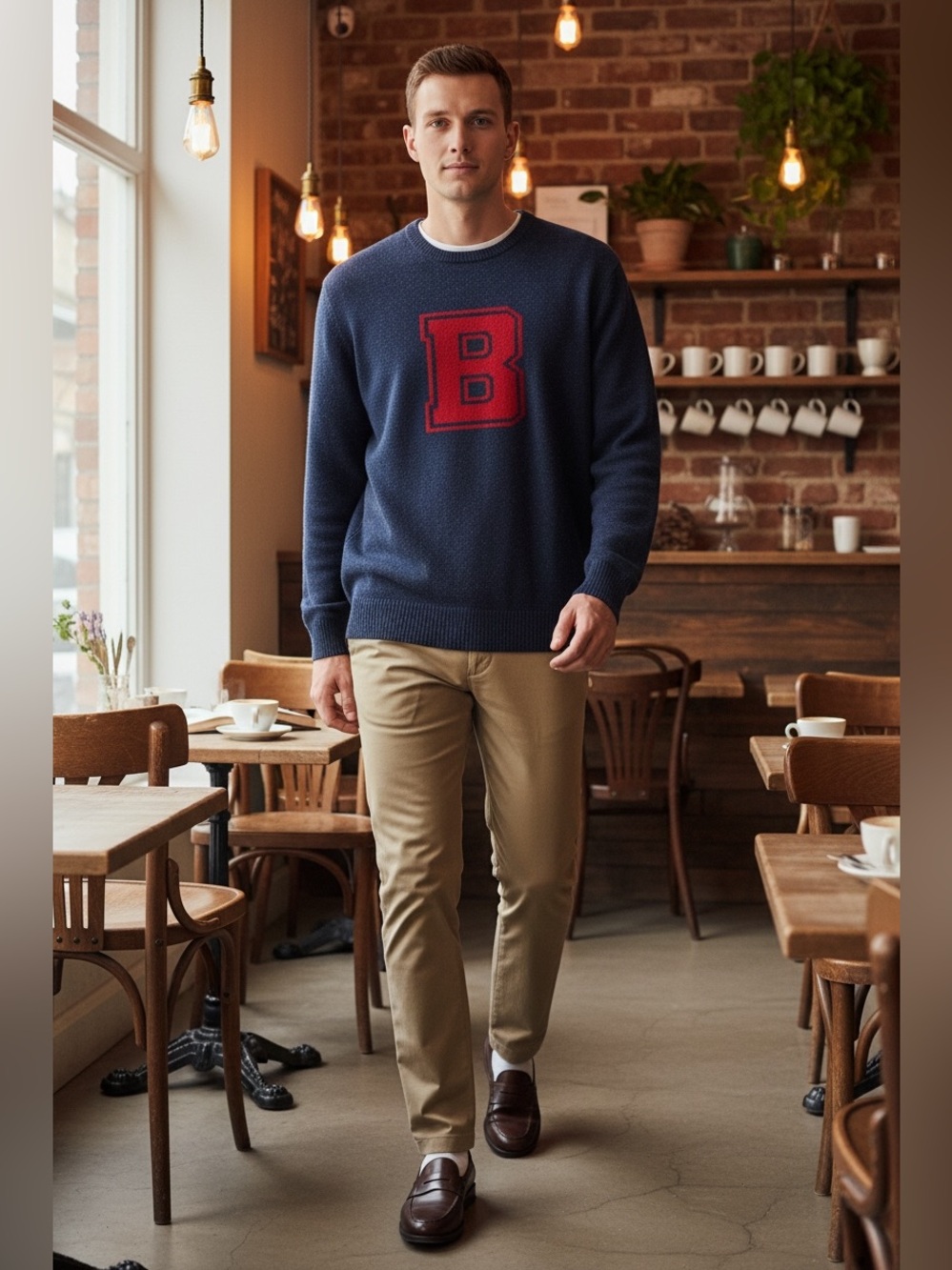 Brooks Brothers Red Fleece Merino Wool Varsity Letter “B” Sweater Navy Large